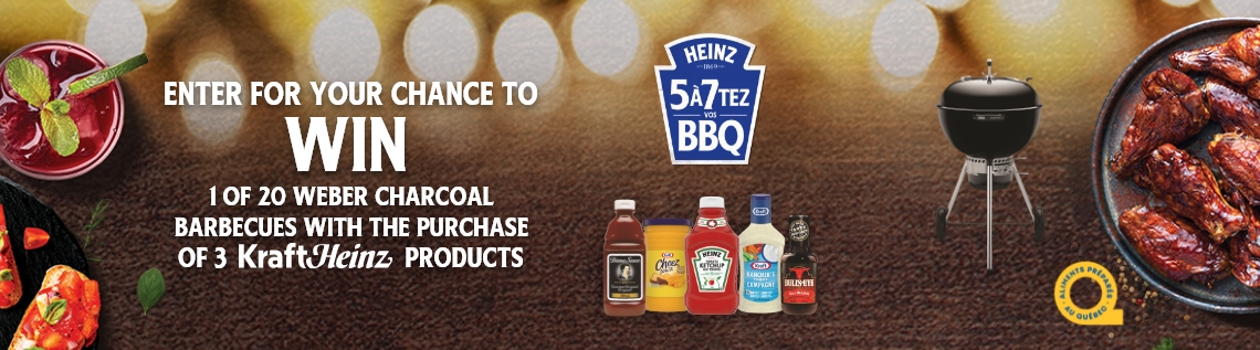 Enter to win 1 of 20 Weber charcoal barbecues worth $359 each with the purchase of 3 participating Kraft products.