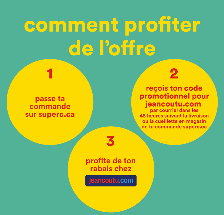 Comment profiter de l'offre: 1. Passe ta commande sur superc.ca 2. Recois ton code promotionnel pour jeancoutu.com par courriel dans les 48 heures suivant la livraison ou la cueillette en magasin de ta commande superc.ca 3. Profite de ton rabais chez jeancoutu.com